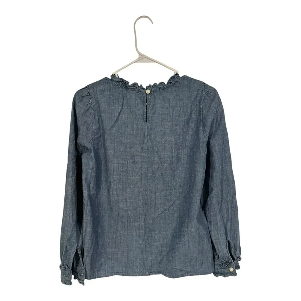 J Crew Shirt Women’s S Blue Chambray Ruffle Neck Long Sleeve Button Top Peasant